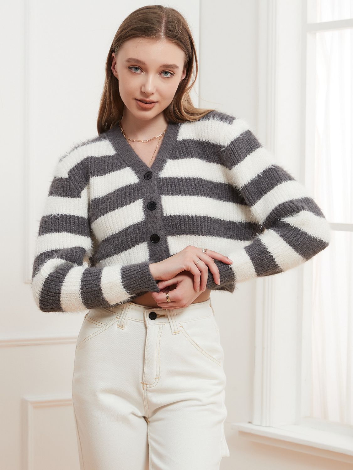 Striped button down V-neck cardigan.