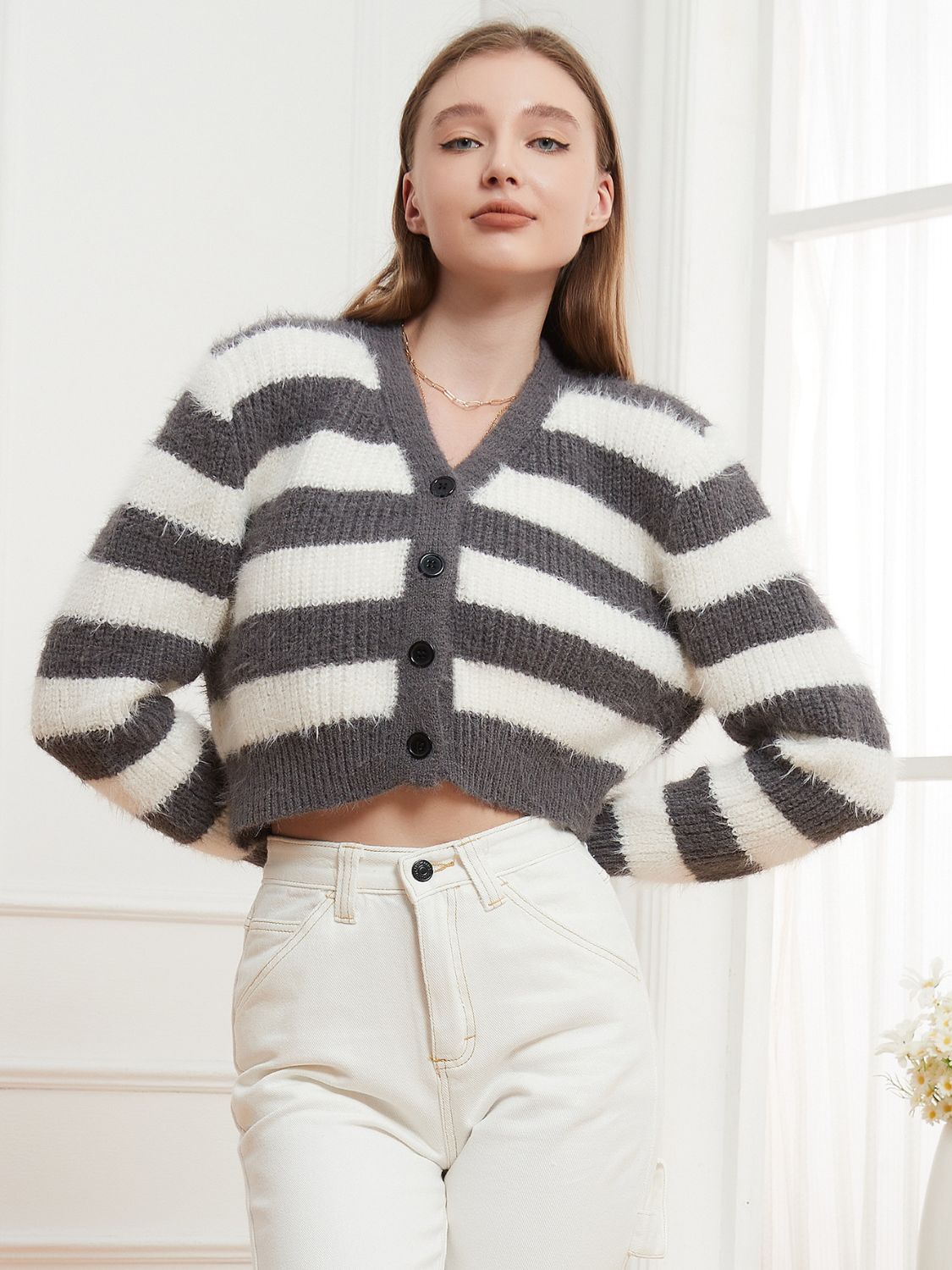 Striped button down V-neck cardigan.