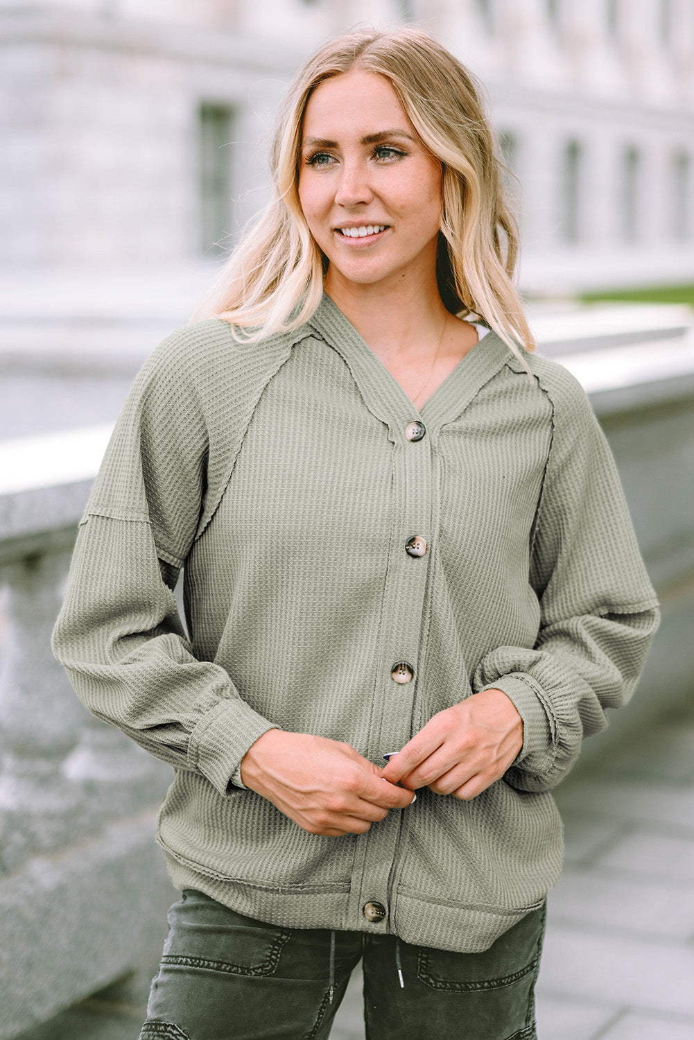 Button down V-neck waffle knit shirt.