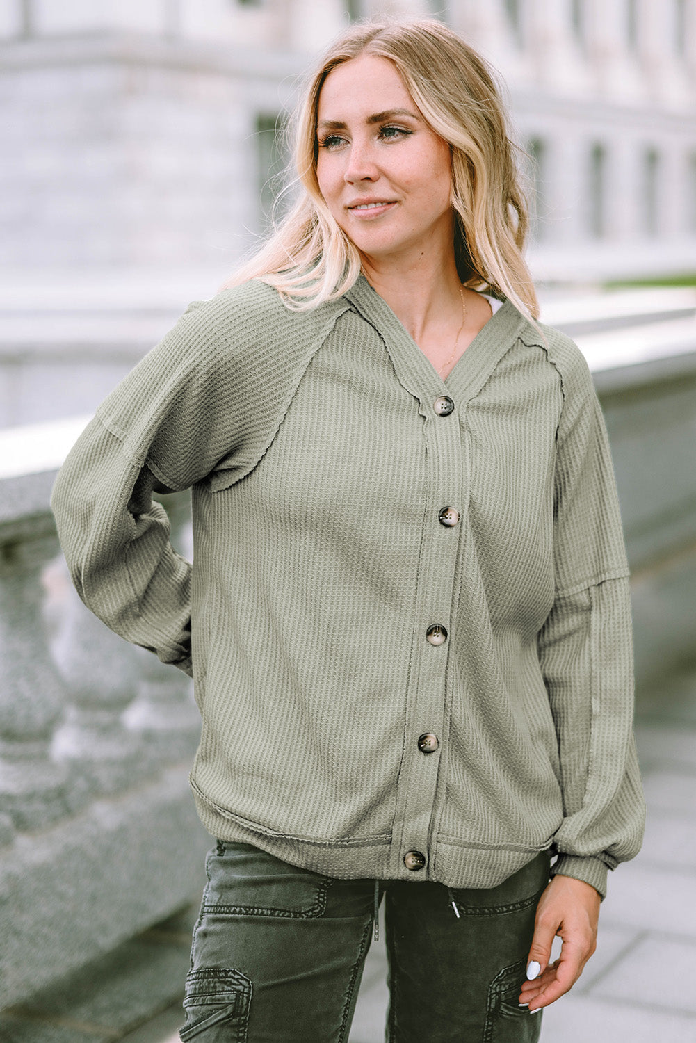 Button down V-neck waffle knit shirt.