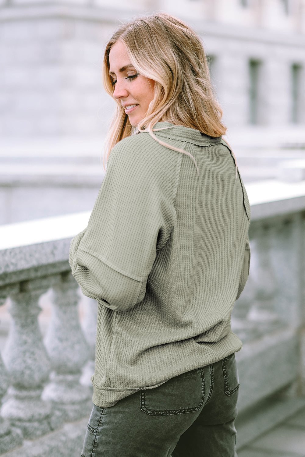 Button down V-neck waffle knit shirt.