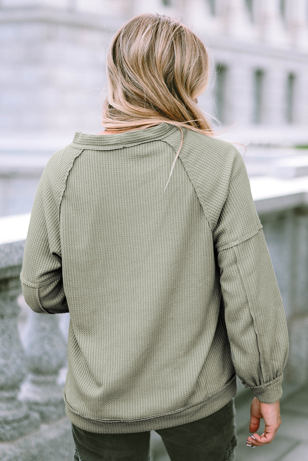 Button down V-neck waffle knit shirt.