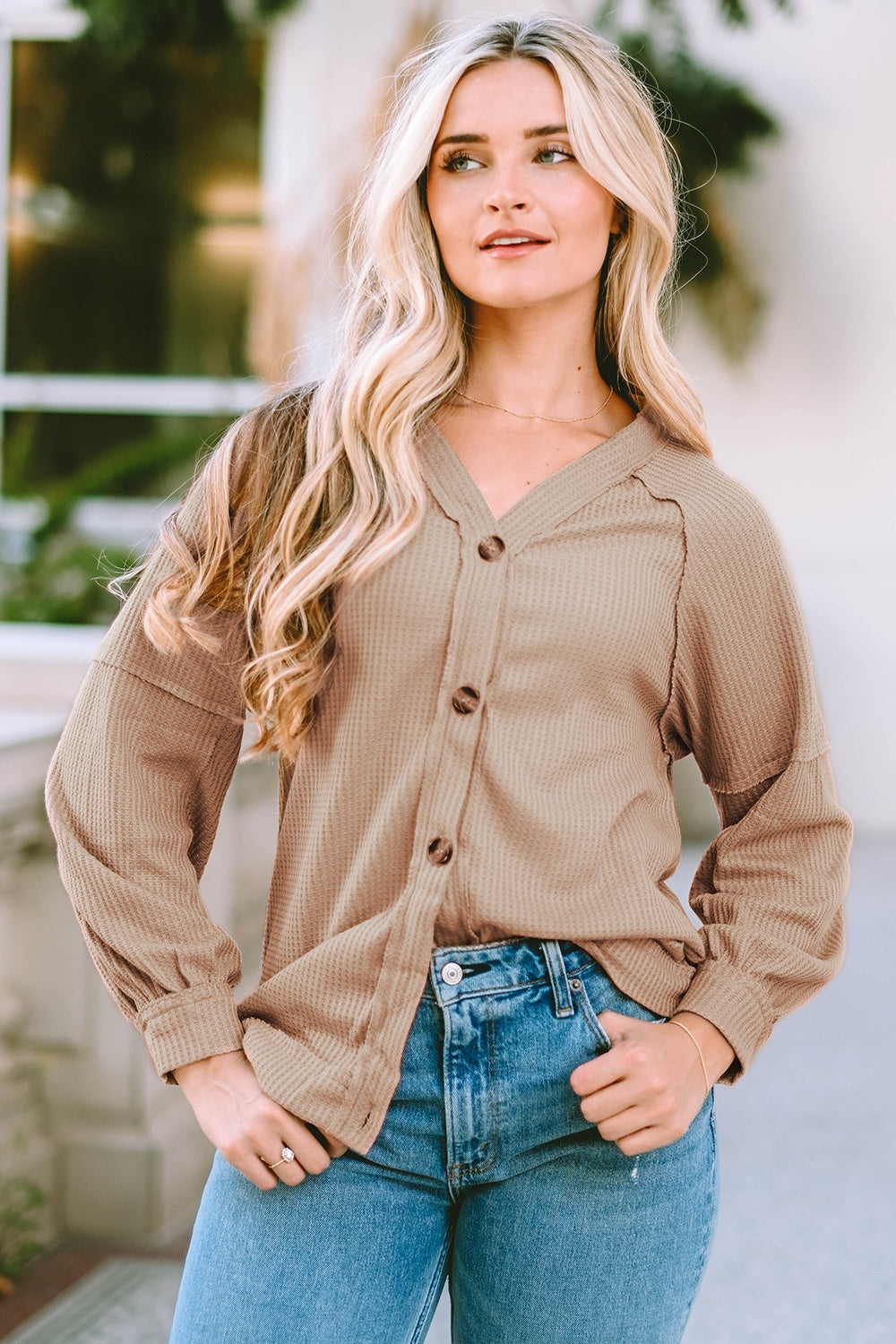 Button down V-neck waffle knit shirt.