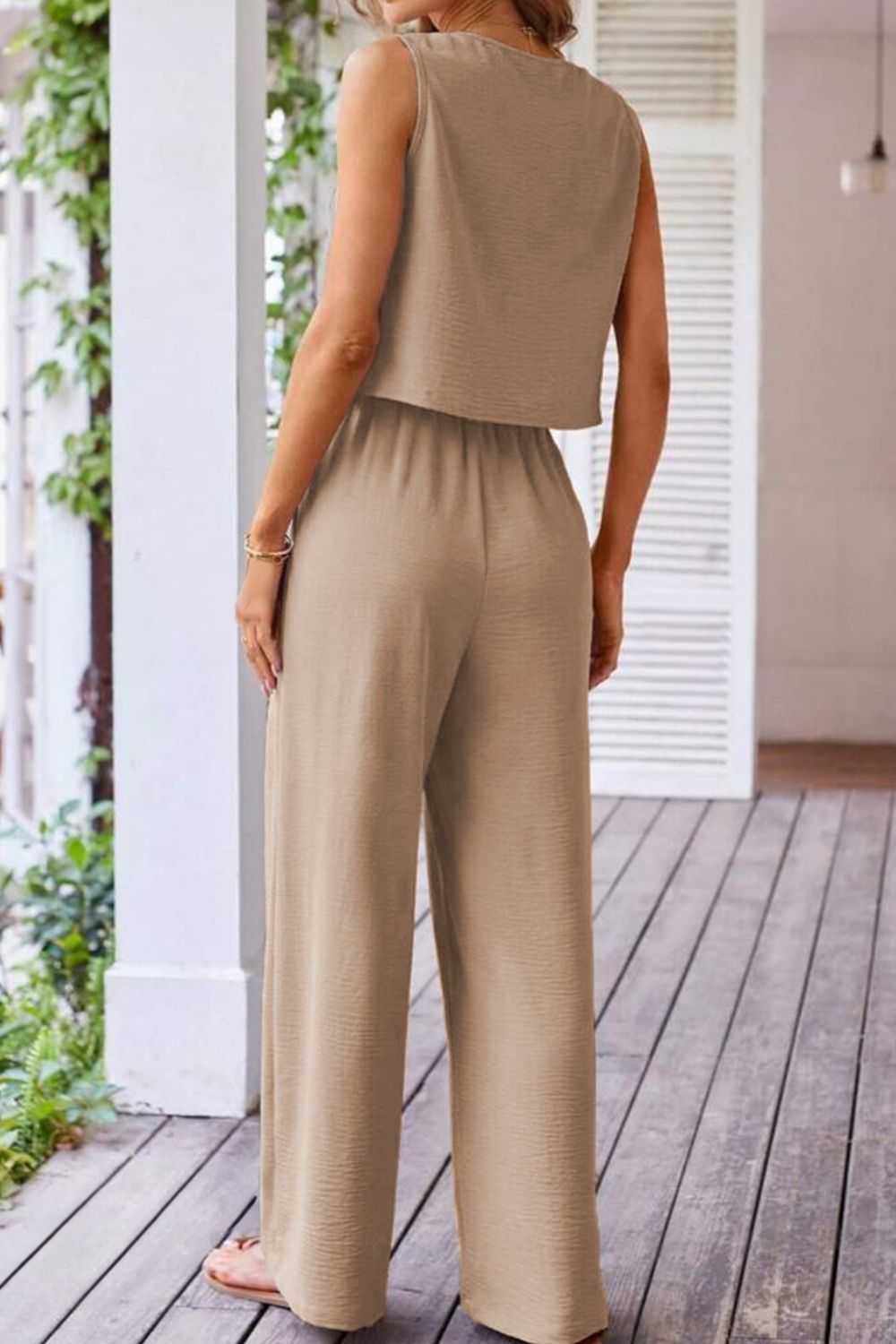 Button Down Vest and Drawstring Wide Leg Pants Set.