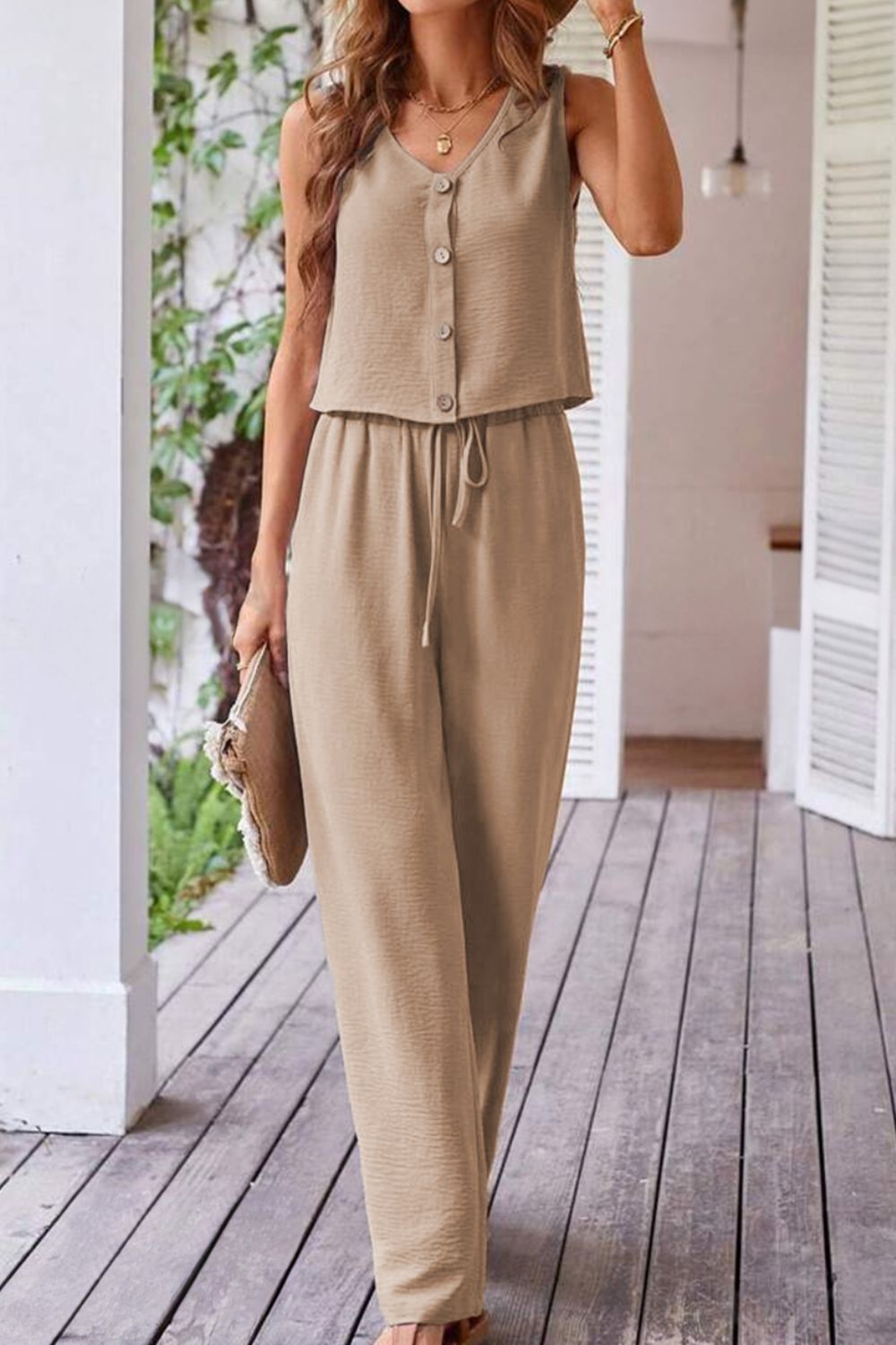 Button Down Vest and Drawstring Wide Leg Pants Set.