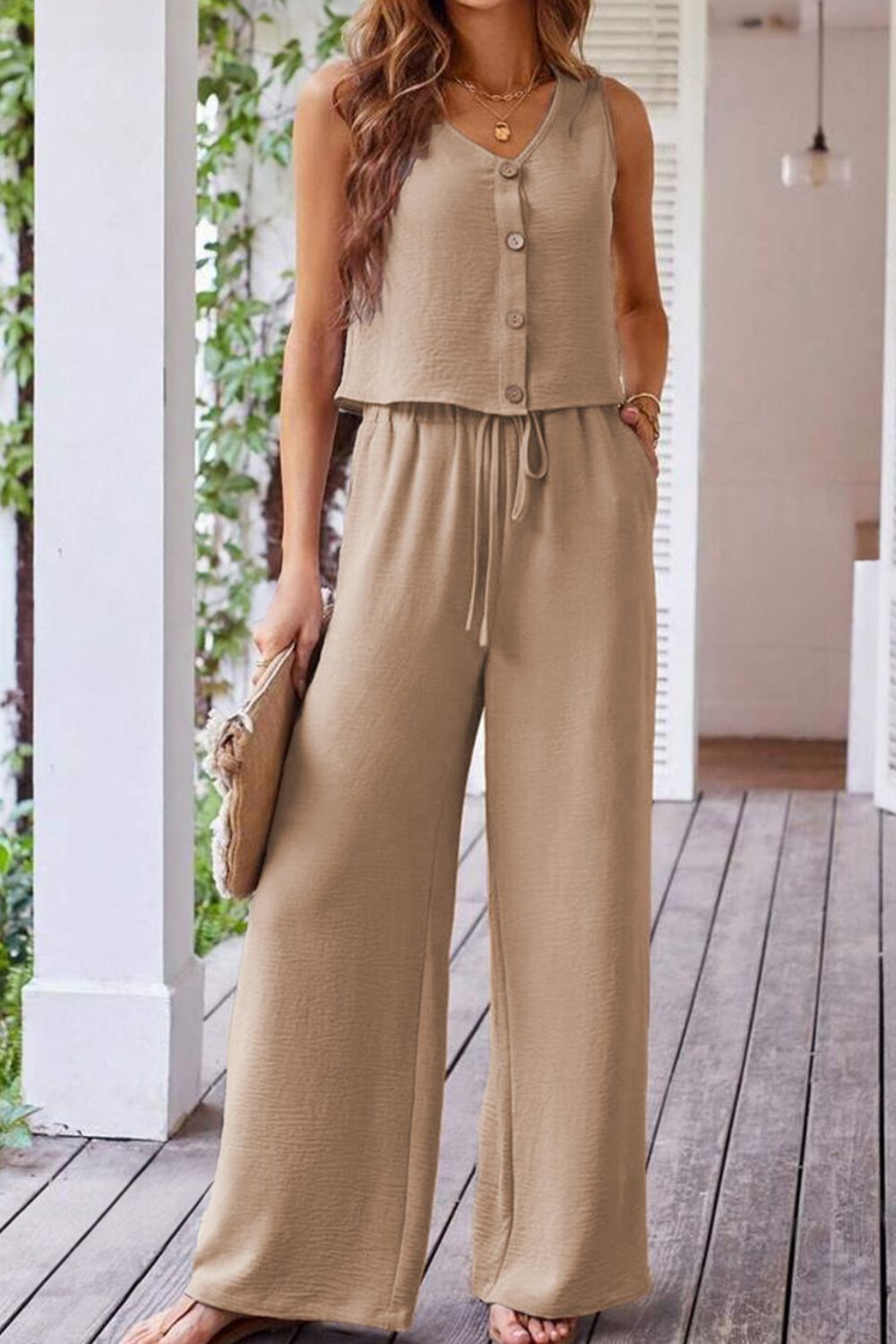Button Down Vest and Drawstring Wide Leg Pants Set.