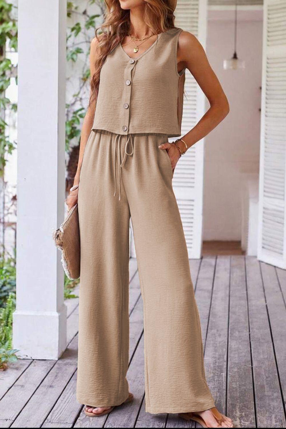 Button Down Vest and Drawstring Wide Leg Pants Set.