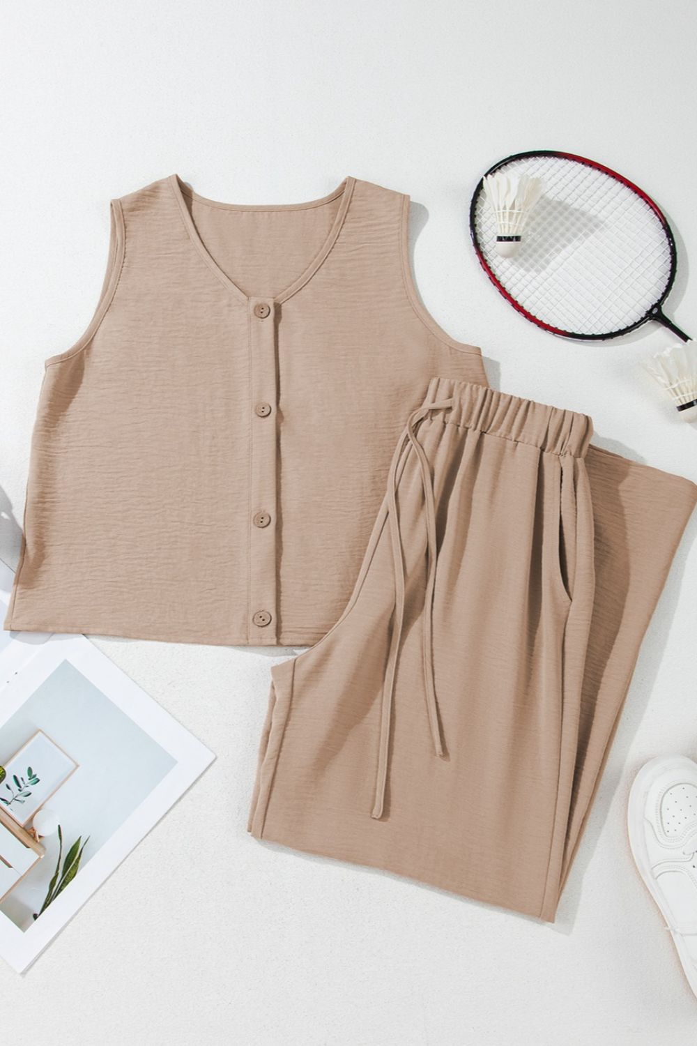 Button Down Vest and Drawstring Wide Leg Pants Set.
