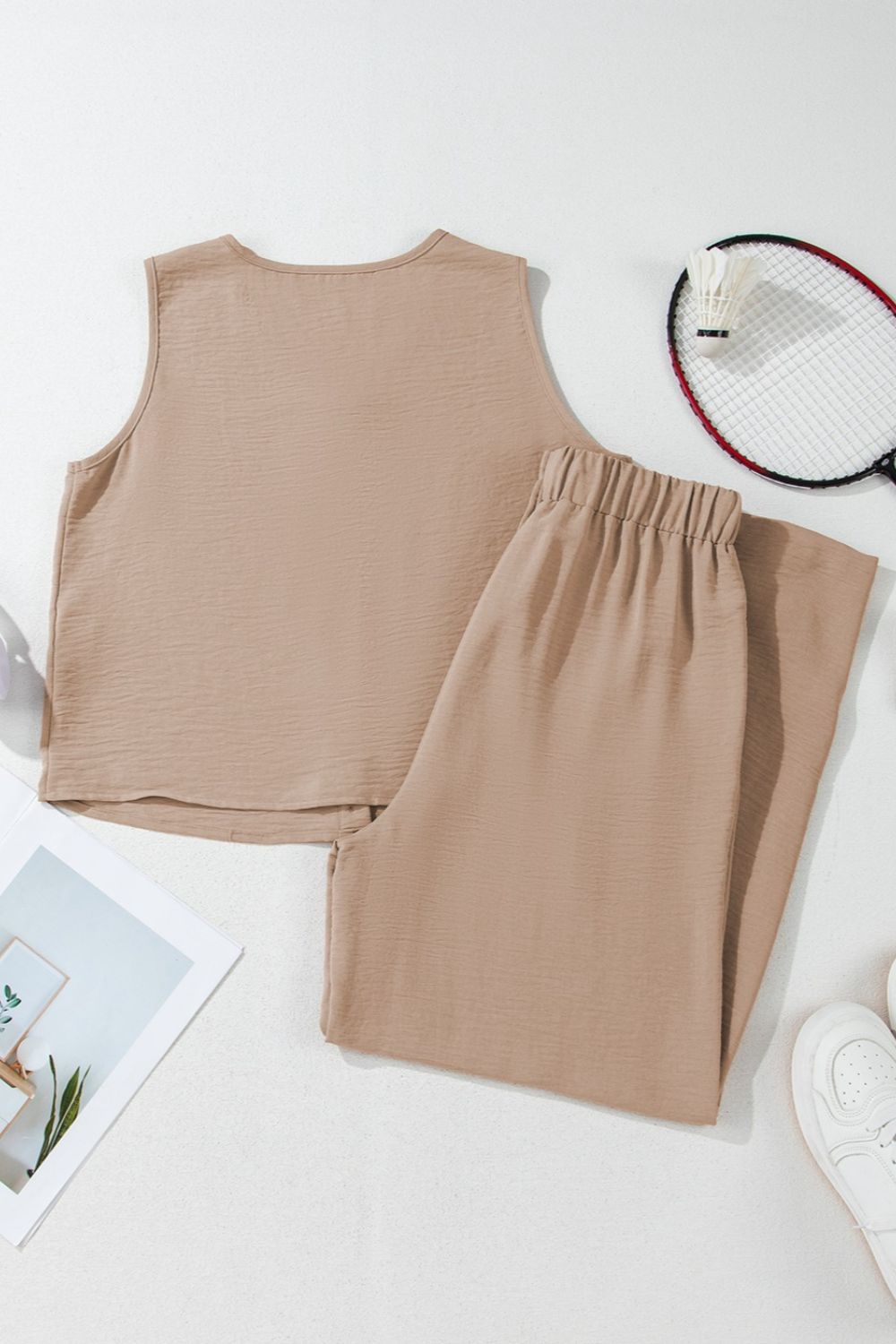 Button Down Vest and Drawstring Wide Leg Pants Set.