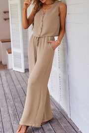 Button Down Vest and Drawstring Wide Leg Pants Set.