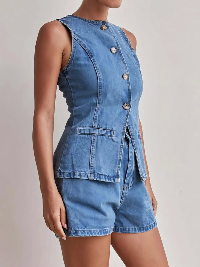 Button down vest and shorts denim set, women's two-piece denim outfit, classic denim vest, comfortable denim shorts, buttoned details, practical pockets, non-stretch cotton blend, stylish summer ensemble, perfect for casual outings