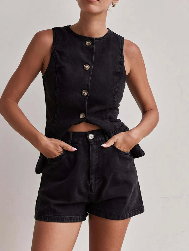 Button down vest and shorts denim set, women's two-piece denim outfit, classic denim vest, comfortable denim shorts, buttoned details, practical pockets, non-stretch cotton blend, stylish summer ensemble, perfect for casual outings