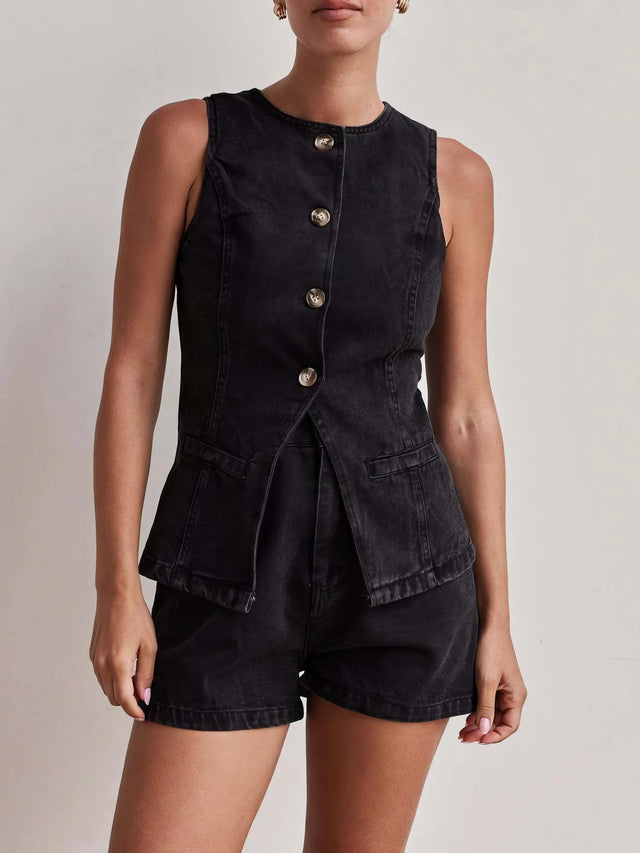 Button down vest and shorts denim set, women's two-piece denim outfit, classic denim vest, comfortable denim shorts, buttoned details, practical pockets, non-stretch cotton blend, stylish summer ensemble, perfect for casual outings