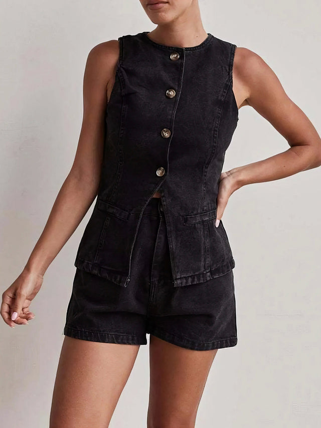 Button down vest and shorts denim set, women's two-piece denim outfit, classic denim vest, comfortable denim shorts, buttoned details, practical pockets, non-stretch cotton blend, stylish summer ensemble, perfect for casual outings