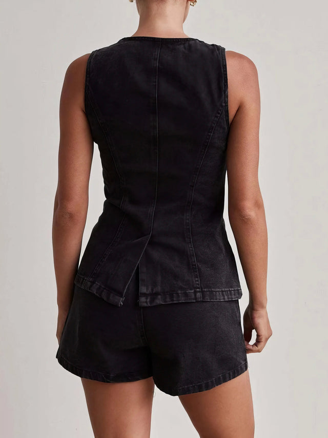 Button down vest and shorts denim set, women's two-piece denim outfit, classic denim vest, comfortable denim shorts, buttoned details, practical pockets, non-stretch cotton blend, stylish summer ensemble, perfect for casual outings