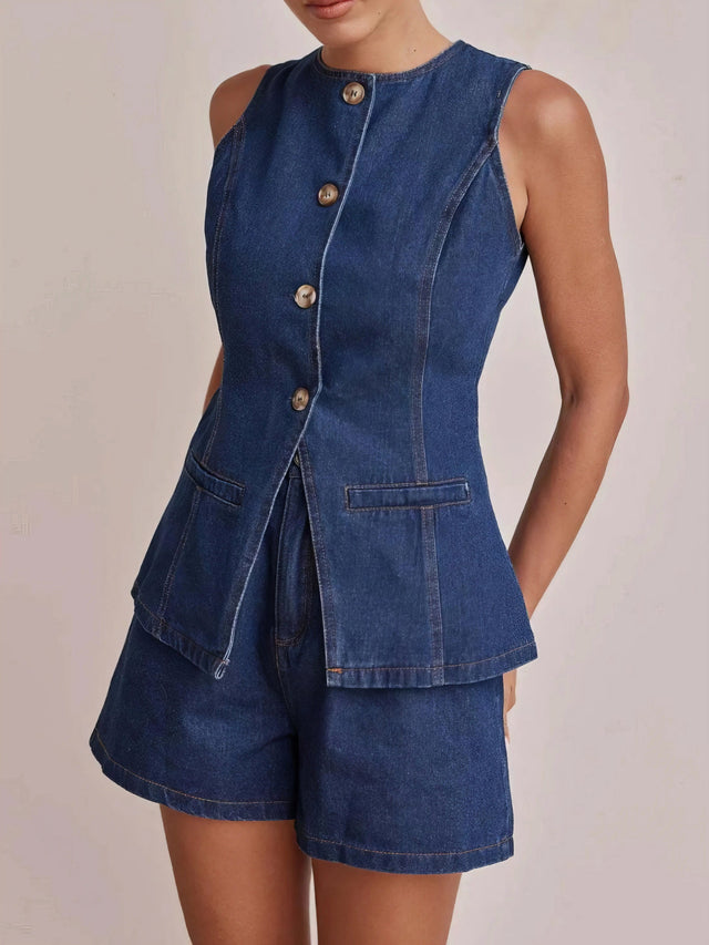 Button down vest and shorts denim set, women's two-piece denim outfit, classic denim vest, comfortable denim shorts, buttoned details, practical pockets, non-stretch cotton blend, stylish summer ensemble, perfect for casual outings