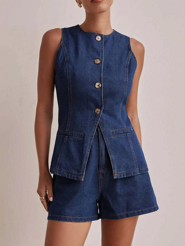 Button down vest and shorts denim set, women's two-piece denim outfit, classic denim vest, comfortable denim shorts, buttoned details, practical pockets, non-stretch cotton blend, stylish summer ensemble, perfect for casual outings