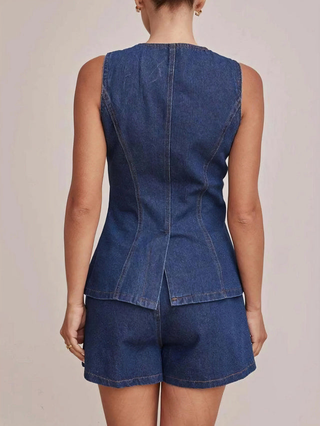 Button down vest and shorts denim set, women's two-piece denim outfit, classic denim vest, comfortable denim shorts, buttoned details, practical pockets, non-stretch cotton blend, stylish summer ensemble, perfect for casual outings