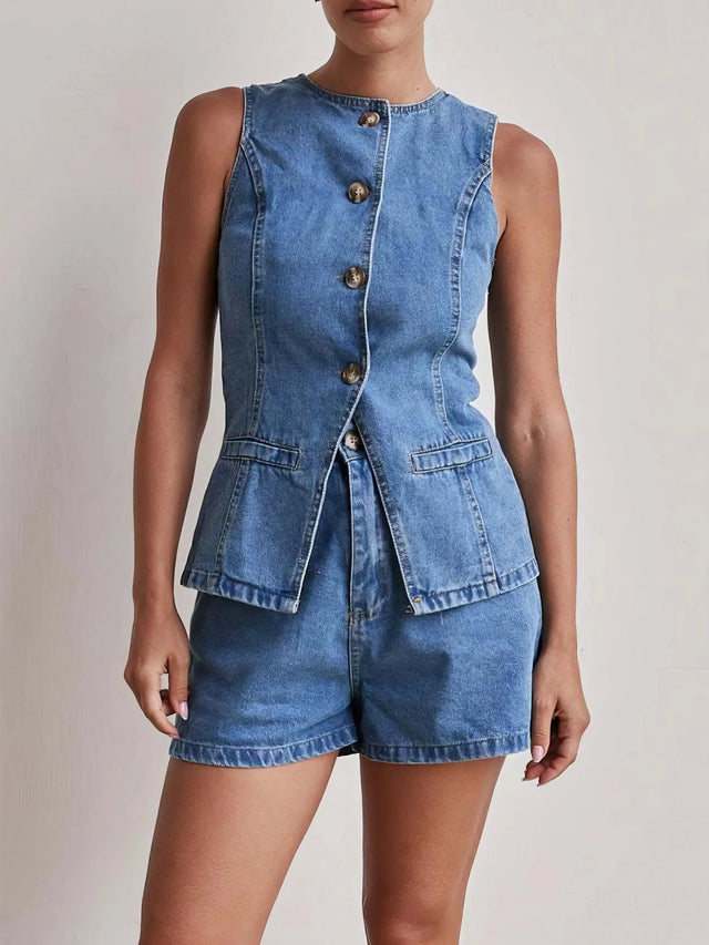 Button down vest and shorts denim set, women's two-piece denim outfit, classic denim vest, comfortable denim shorts, buttoned details, practical pockets, non-stretch cotton blend, stylish summer ensemble, perfect for casual outings