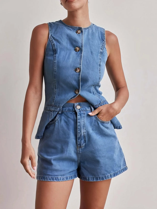 Button down vest and shorts denim set, women's two-piece denim outfit, classic denim vest, comfortable denim shorts, buttoned details, practical pockets, non-stretch cotton blend, stylish summer ensemble, perfect for casual outings
