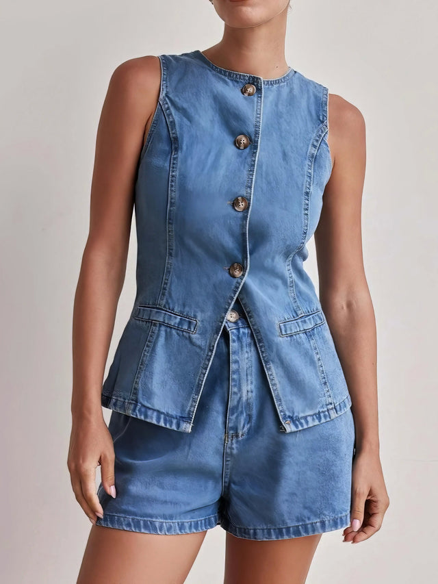 Button down vest and shorts denim set, women's two-piece denim outfit, classic denim vest, comfortable denim shorts, buttoned details, practical pockets, non-stretch cotton blend, stylish summer ensemble, perfect for casual outings