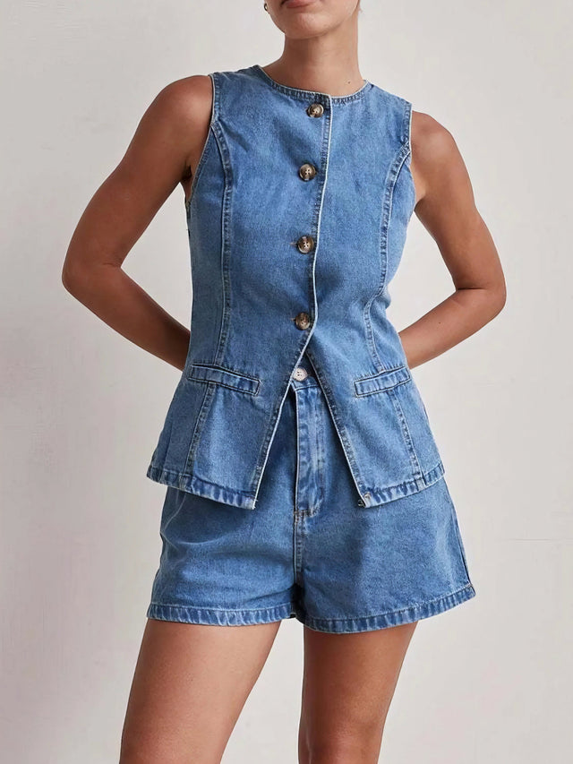 Button down vest and shorts denim set, women's two-piece denim outfit, classic denim vest, comfortable denim shorts, buttoned details, practical pockets, non-stretch cotton blend, stylish summer ensemble, perfect for casual outings
