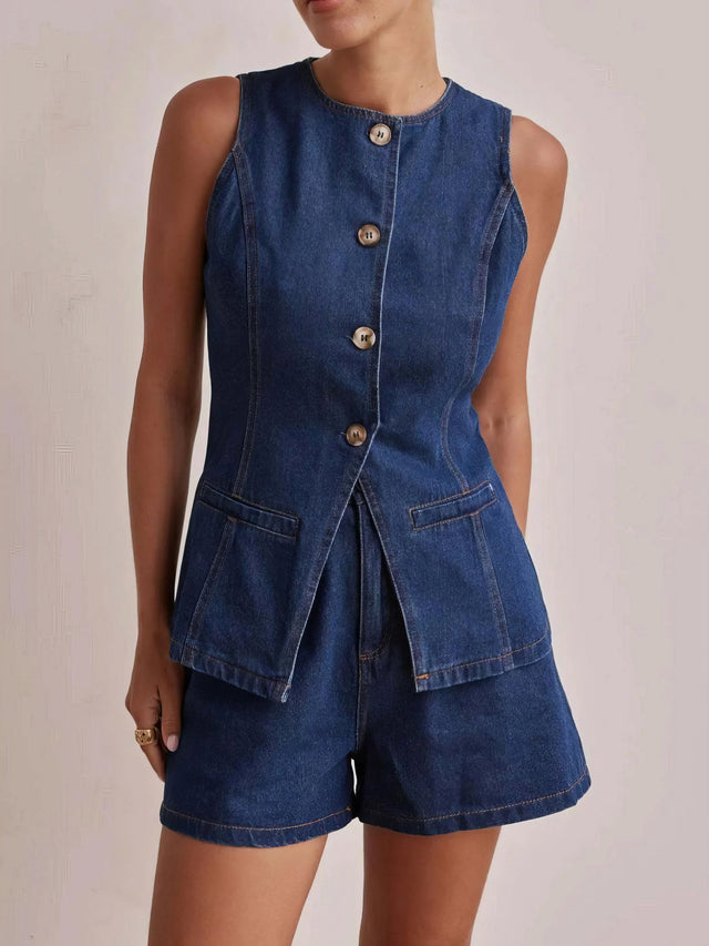 Button down vest and shorts denim set, women's two-piece denim outfit, classic denim vest, comfortable denim shorts, buttoned details, practical pockets, non-stretch cotton blend, stylish summer ensemble, perfect for casual outings