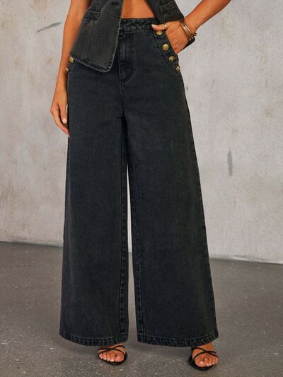 Button Down Vest and Wide Leg Jeans Denim Set.