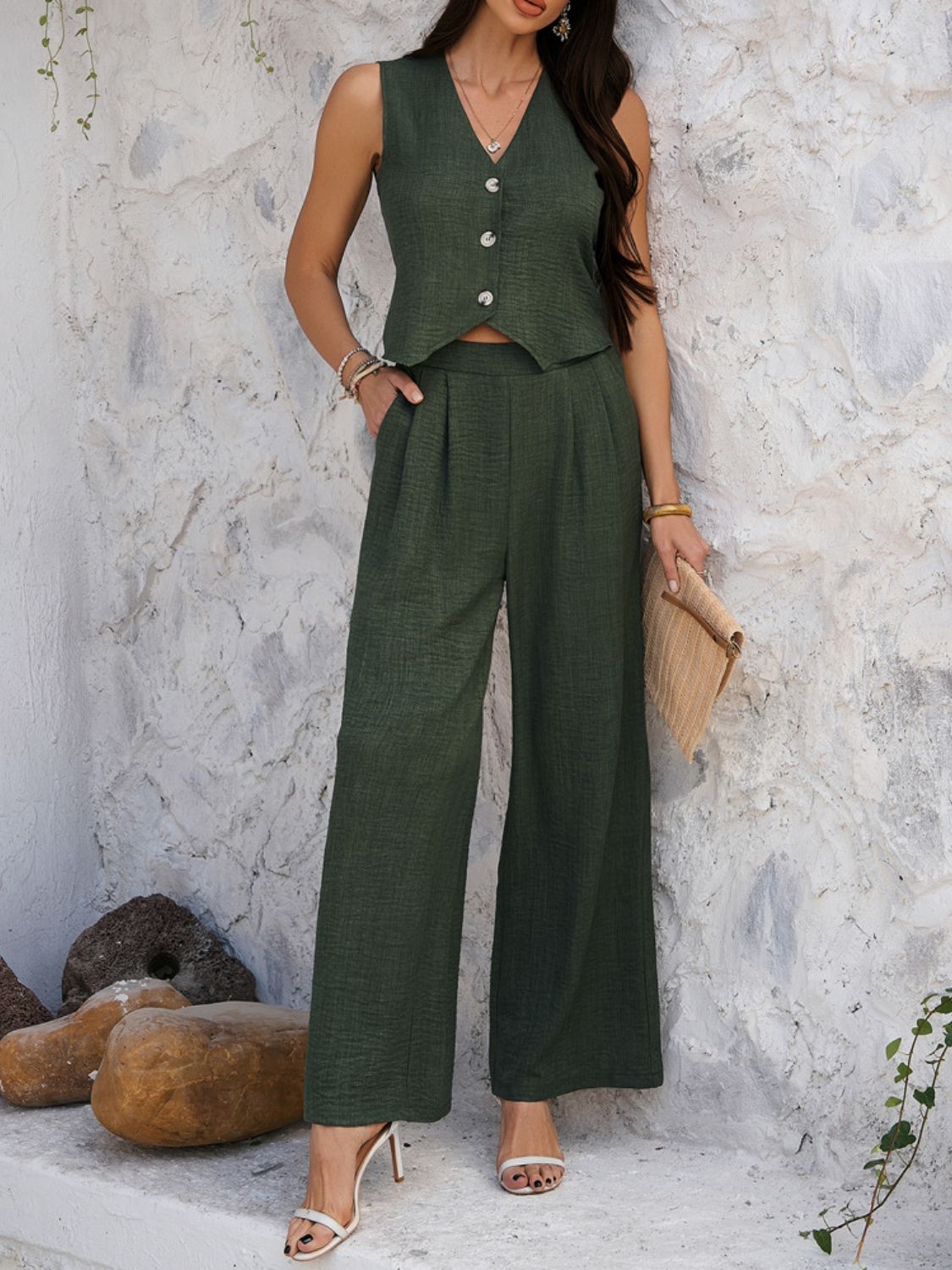 Devine Button Down Vest and Wide Leg Pants Set.