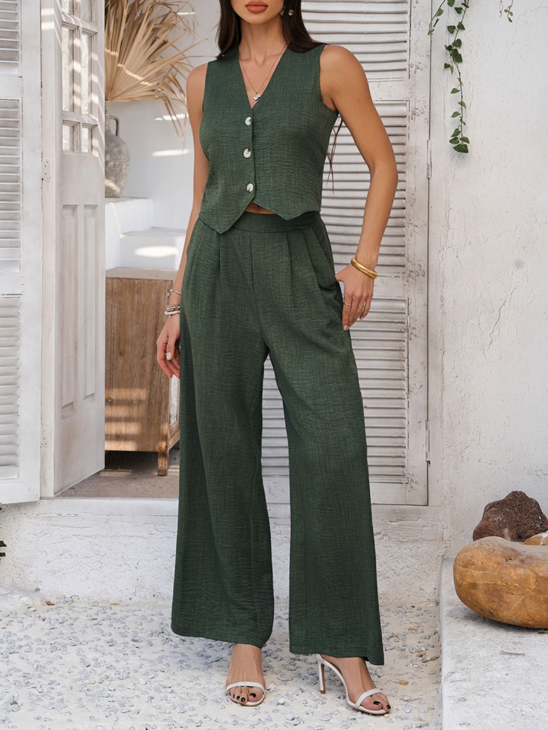 Devine Button Down Vest and Wide Leg Pants Set.
