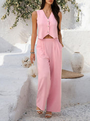 Devine Button Down Vest and Wide Leg Pants Set.
