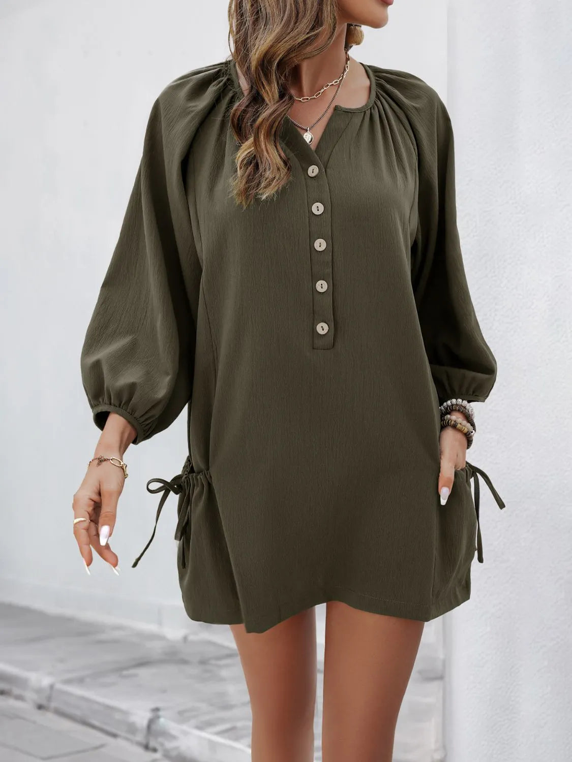 Button Front Balloon Sleeve Dress.