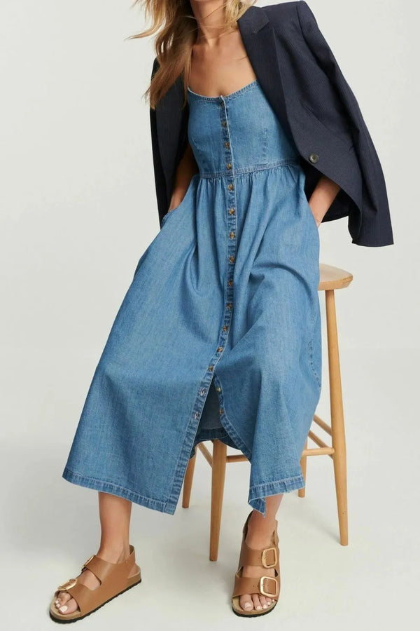 Button Front Denim Cami Dress with Slit.
