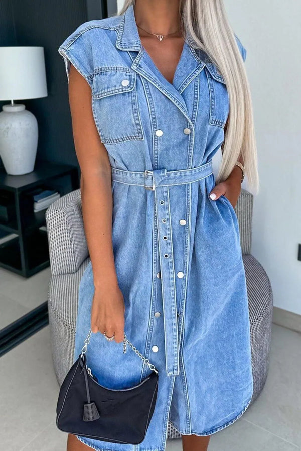 Button Front Denim Dress with Pockets.