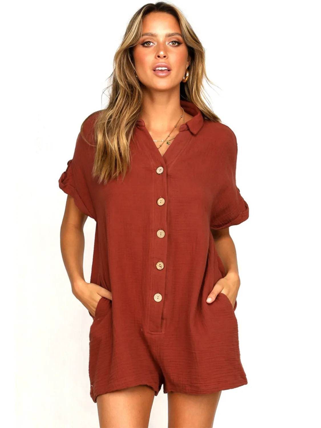 Button Front Short Sleeve Romper with Pockets.