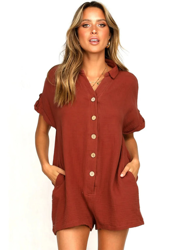 Button Front Short Sleeve Romper with Pockets.