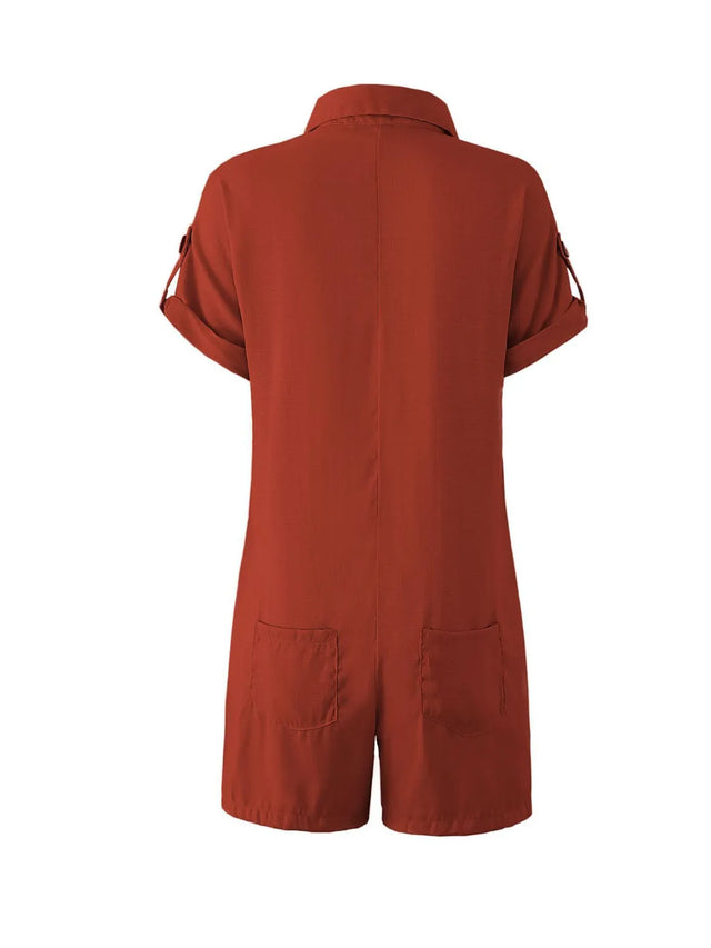 Button Front Short Sleeve Romper with Pockets.