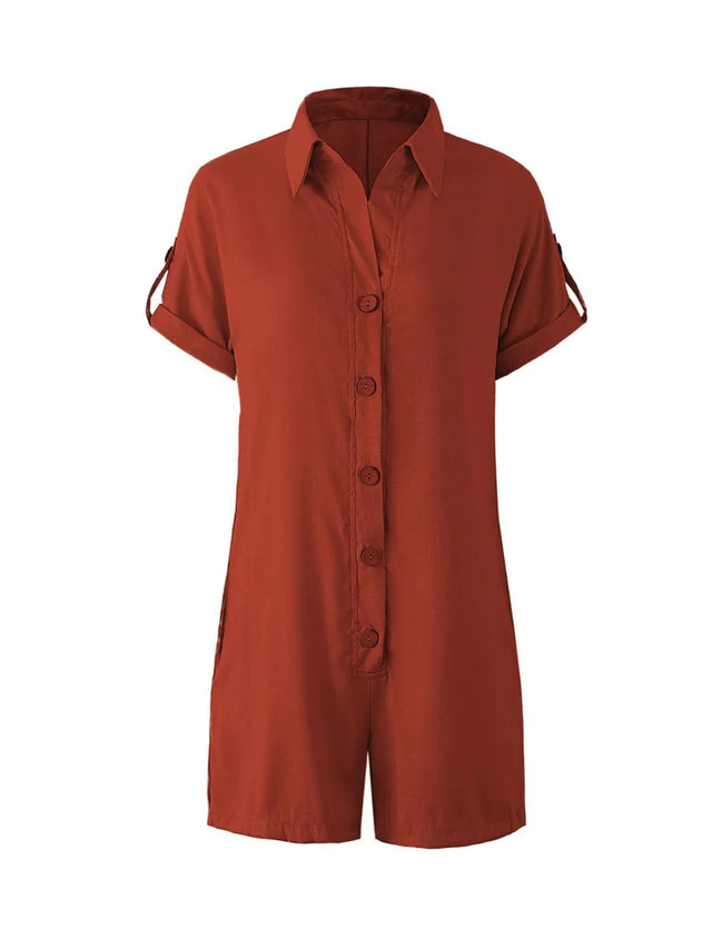 Button Front Short Sleeve Romper with Pockets.