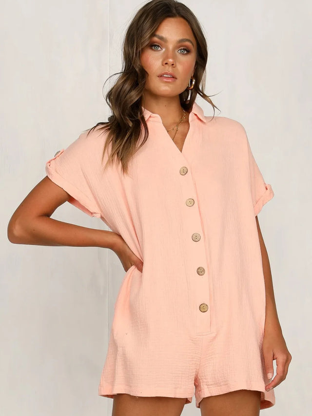 Button Front Short Sleeve Romper with Pockets.