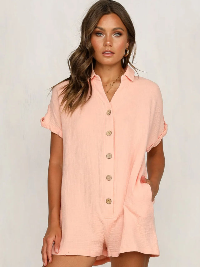 Button Front Short Sleeve Romper with Pockets.