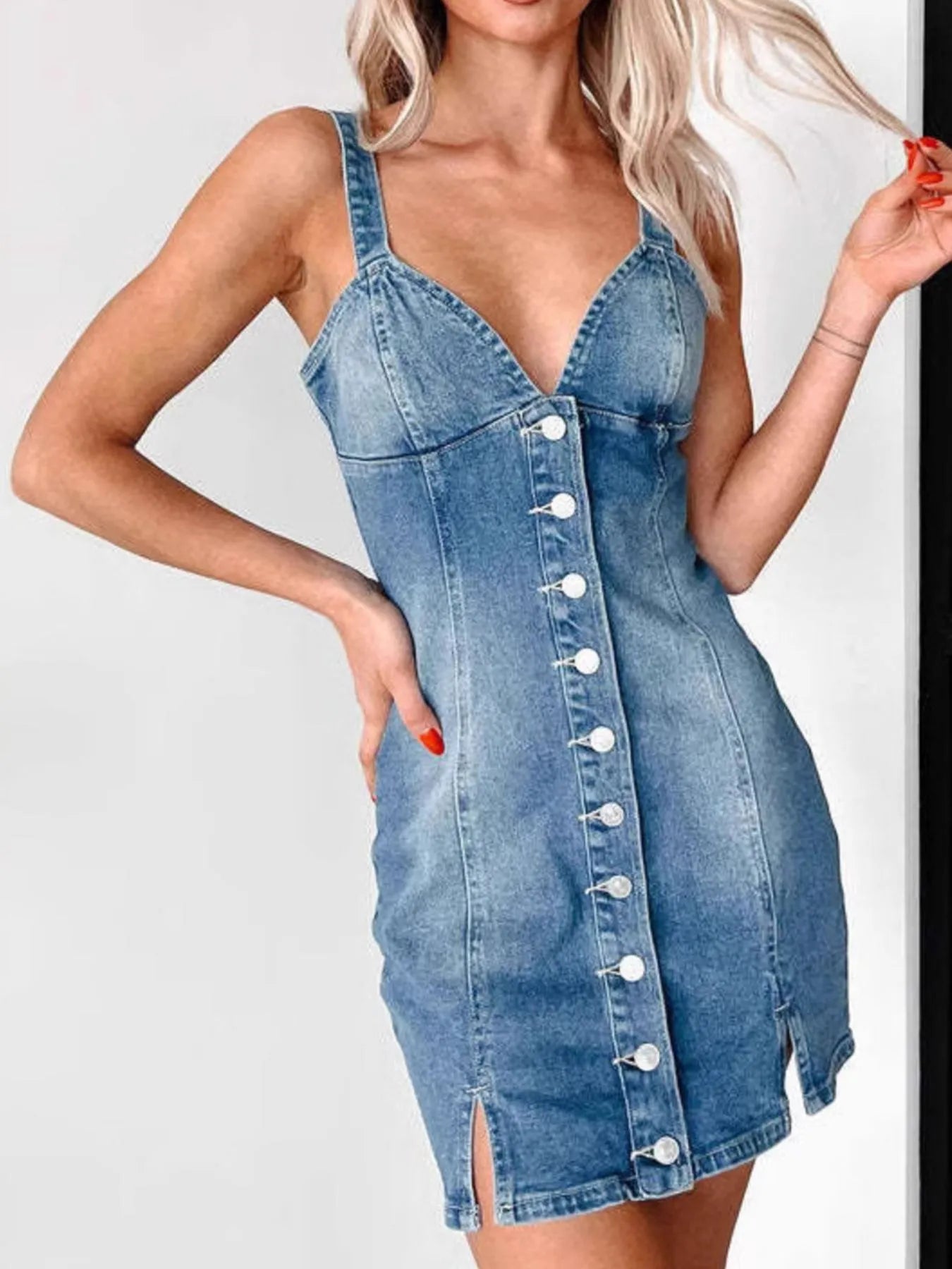 Button Front Sweetheart Neck Denim Mini Dress.