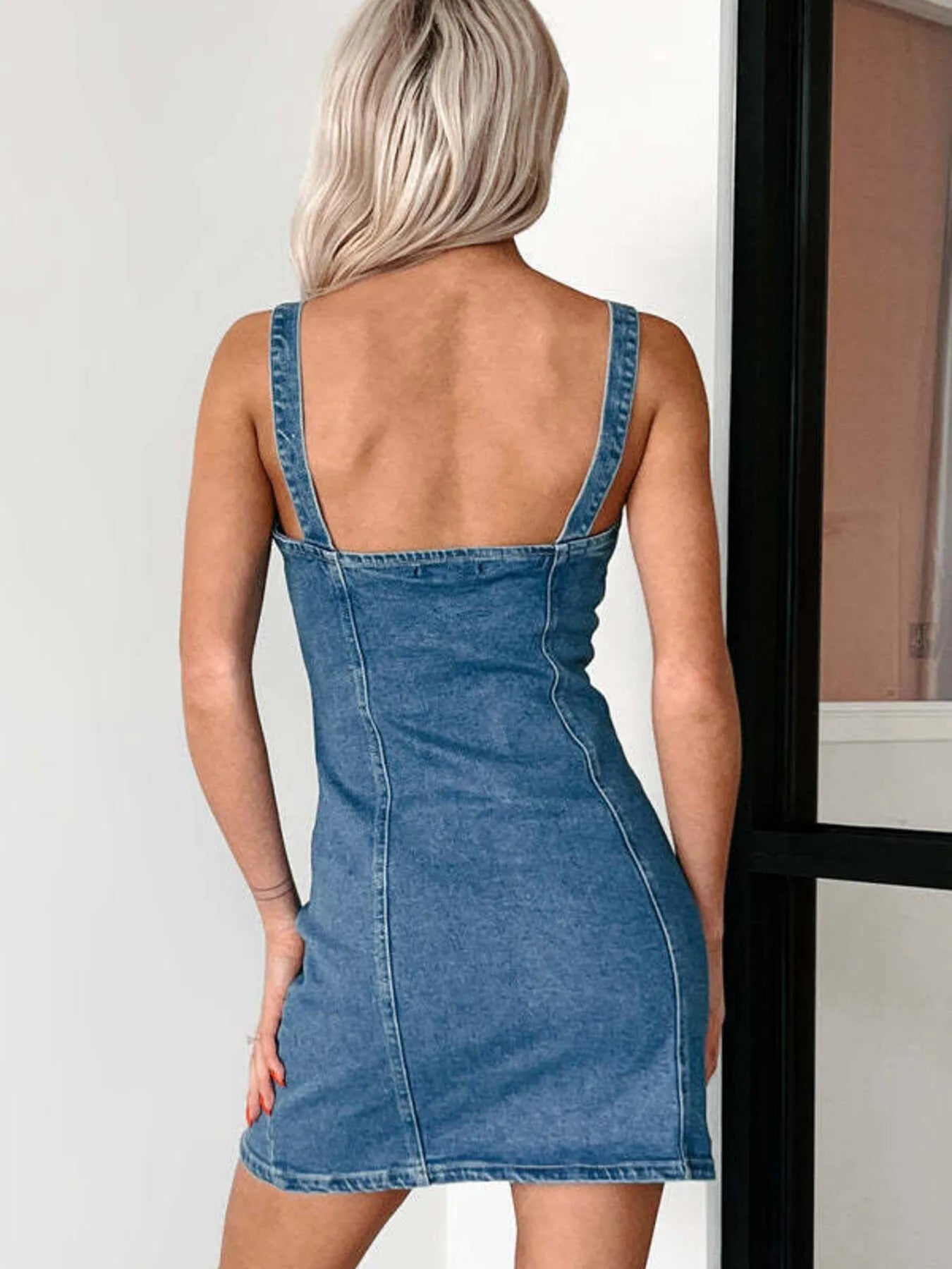 Button Front Sweetheart Neck Denim Mini Dress.