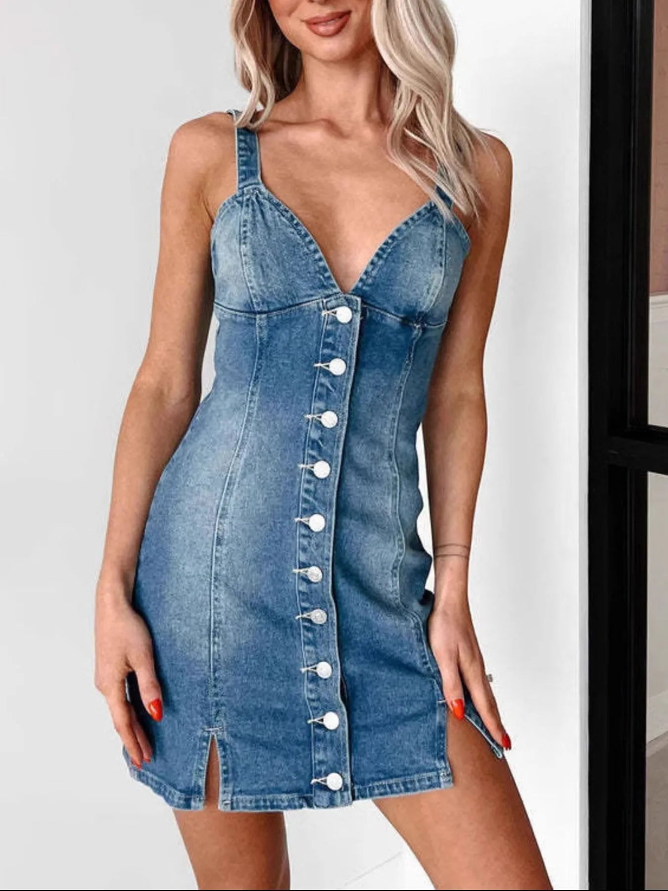 Button Front Sweetheart Neck Denim Mini Dress.