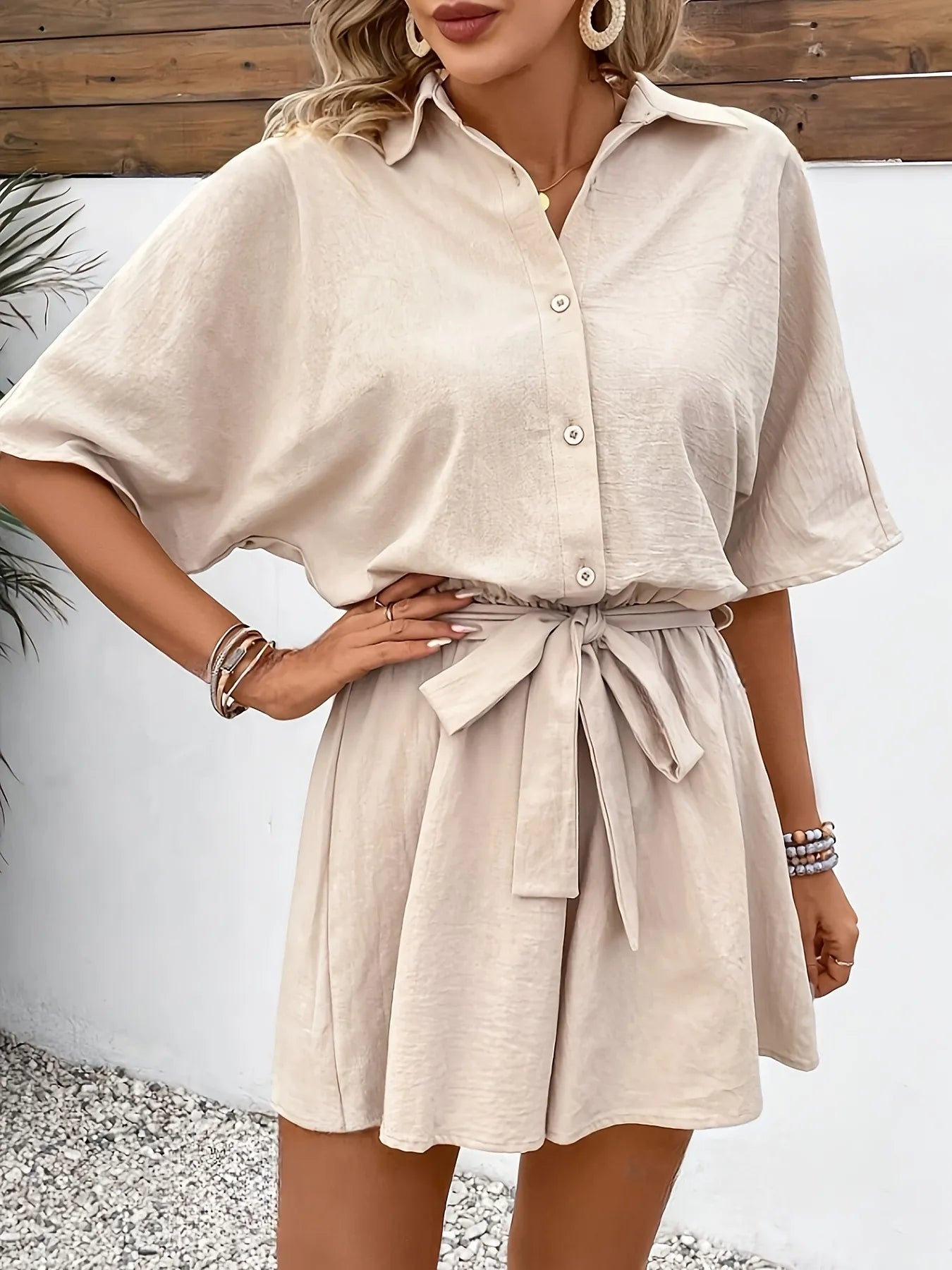 Button Front Tie Waist Romper