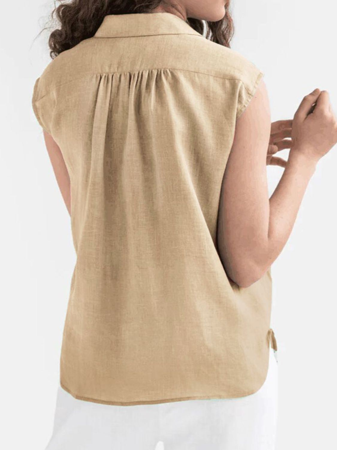 Perfee button up collared neck cap sleeve shirt.