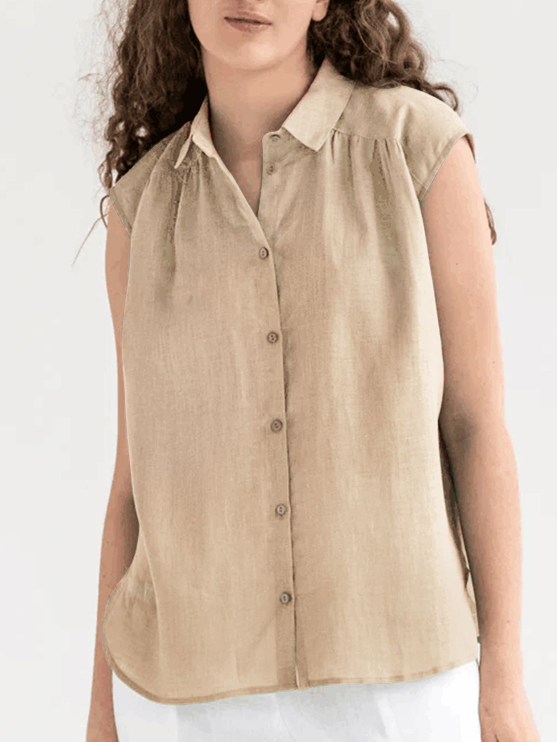 Perfee button up collared neck cap sleeve shirt.