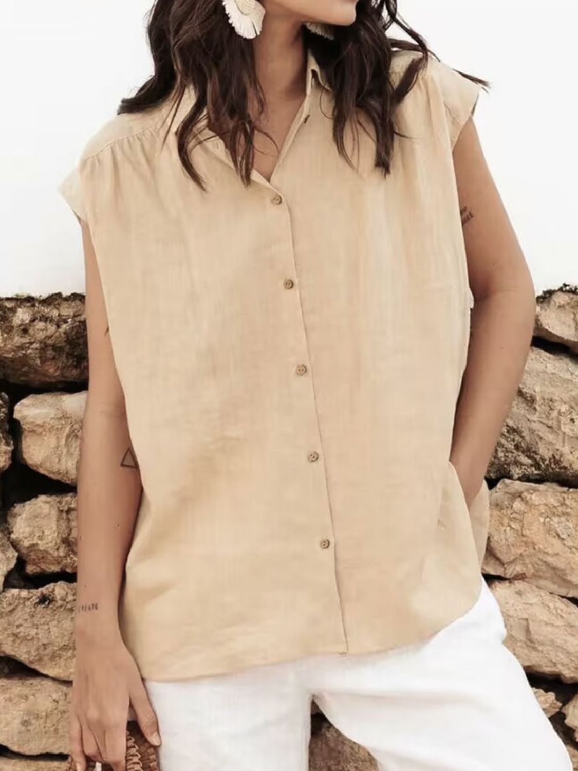 Perfee button up collared neck cap sleeve shirt.
