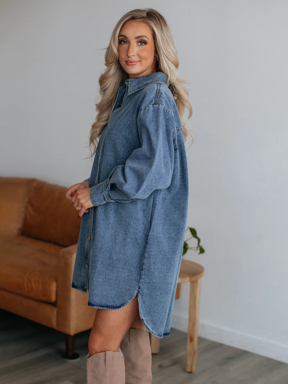 Button Up Collared Neck Long Sleeve Denim Dress.