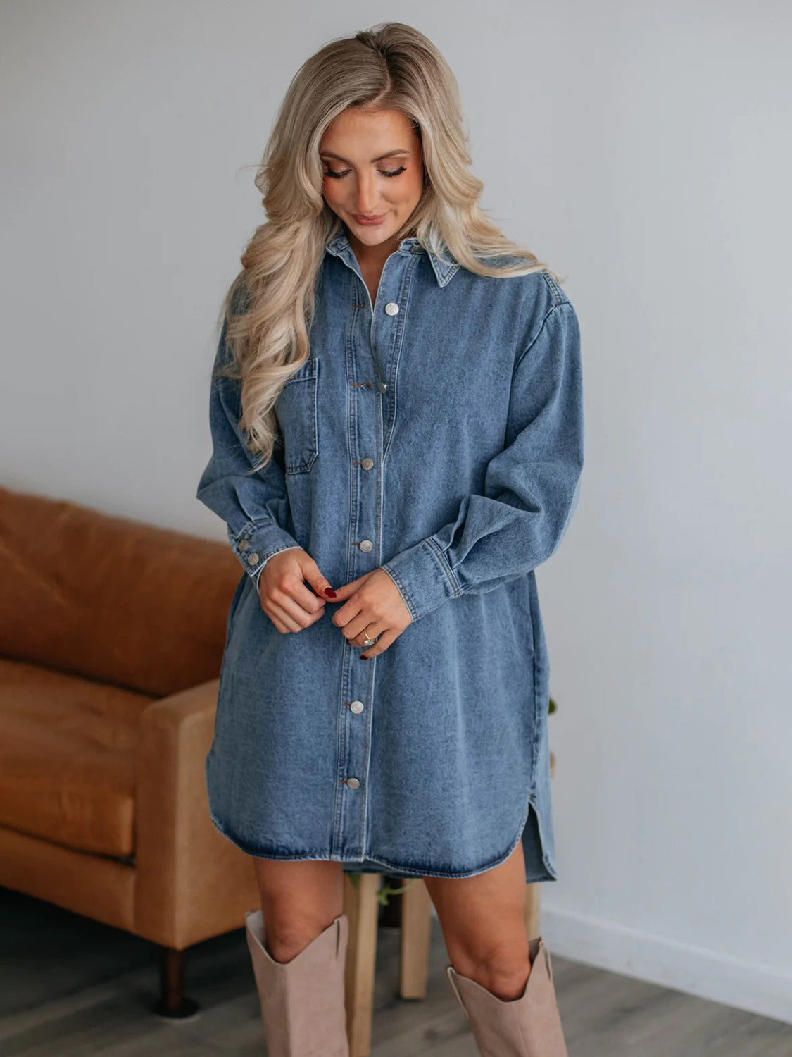Button Up Collared Neck Long Sleeve Denim Dress.
