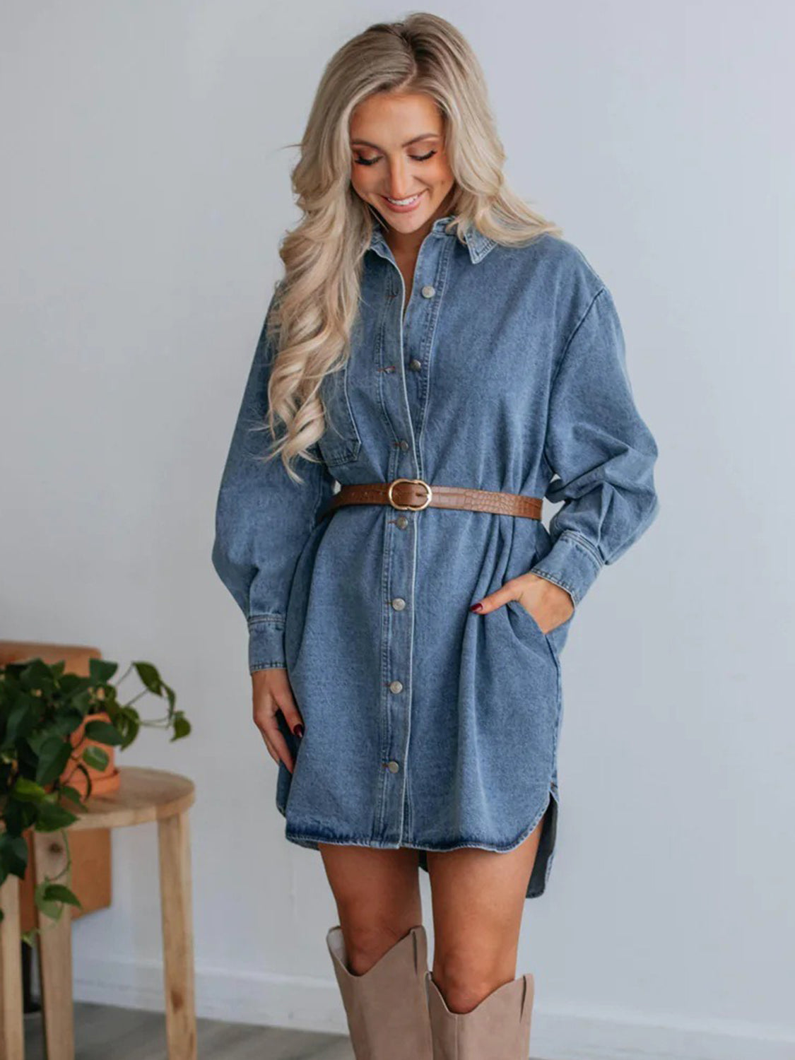 Button Up Collared Neck Long Sleeve Denim Dress.